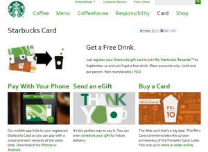 Screen Cap from Starbucks Card site on Sept 17 2013