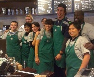 IMAG7665 Starbucks team at 6th and Union with Seahawks player Luke Willson - 23Oct2013