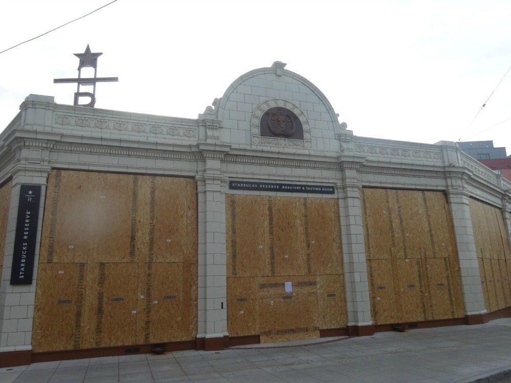 The Starbucks Reserve Roastery and Tasting Room Boarded Up.
