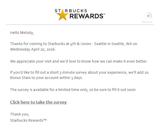 10 bonus Starbucks Rewards stars for the store survey!