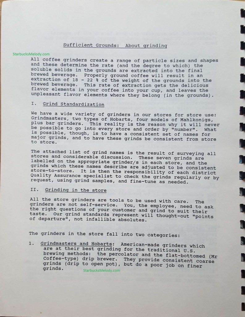 New Doc 167_1 - 1989 Starbucks training book page 1 of grinding