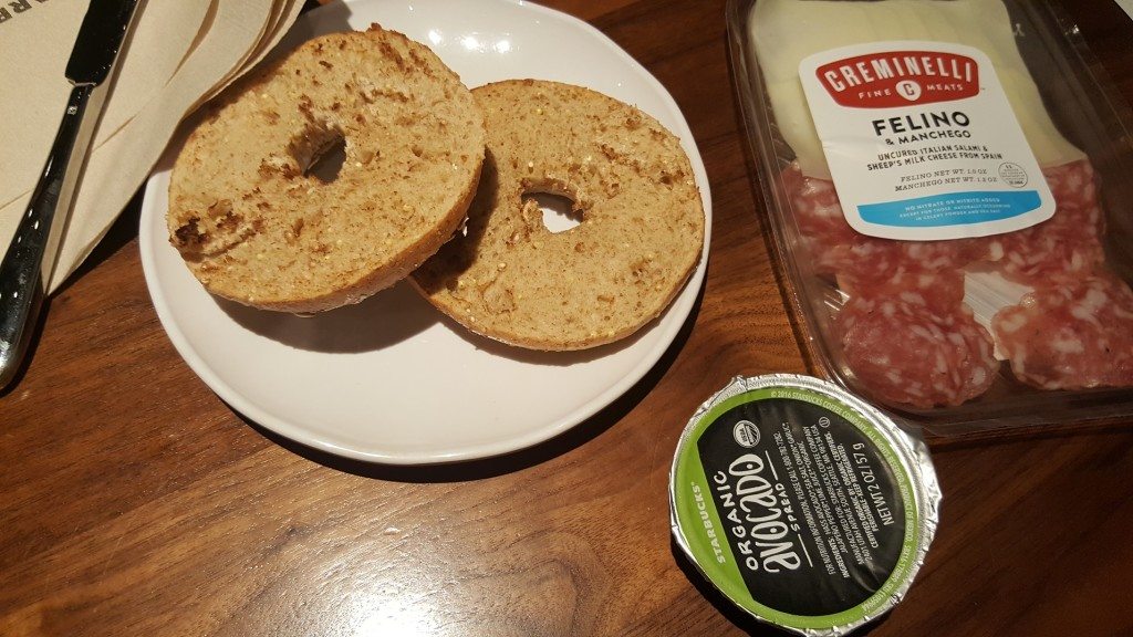 20161016_145553 salami and cheese multi grain bagel avocado spread