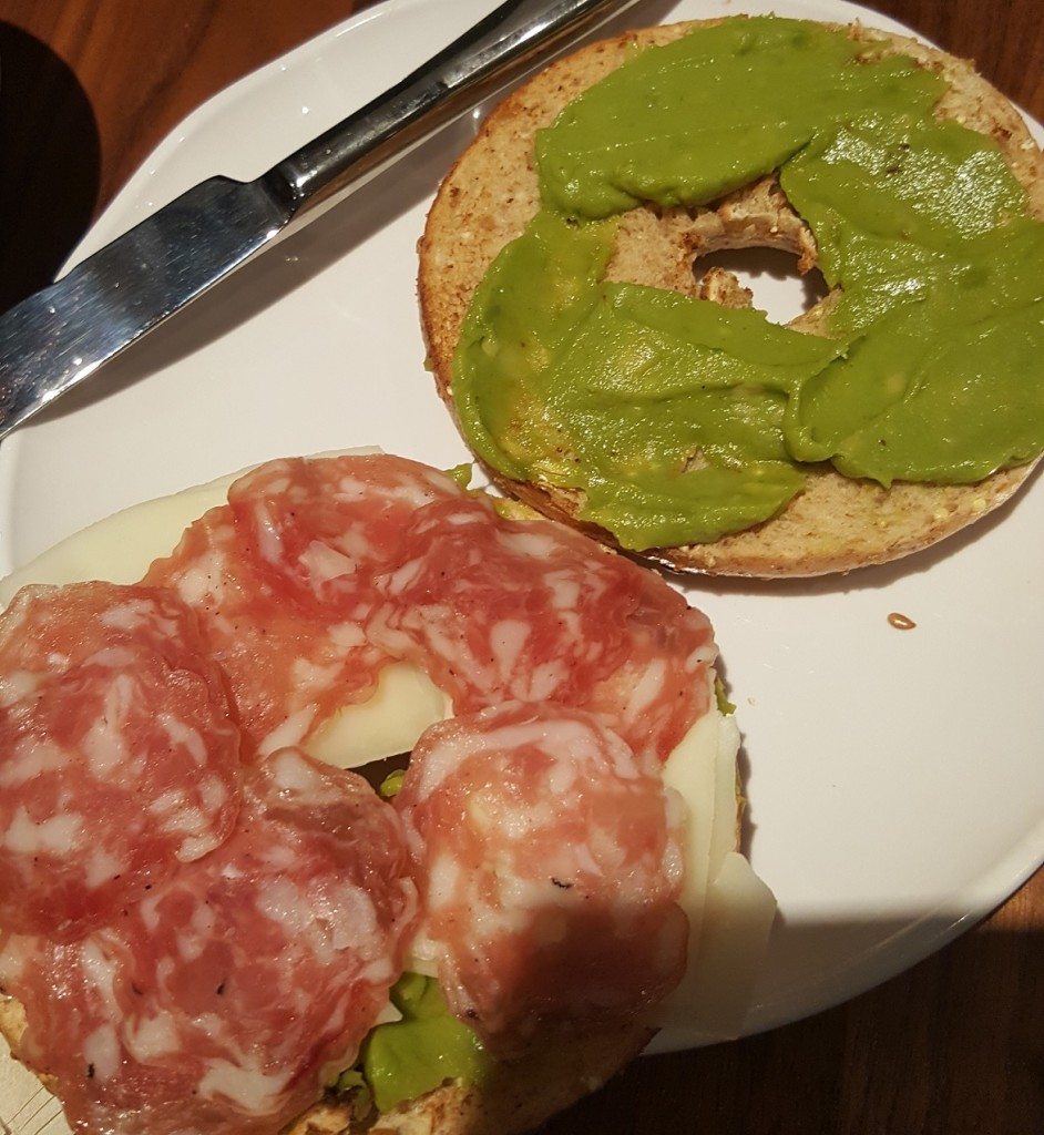20161016_145835 salami cheese bagel with avocado