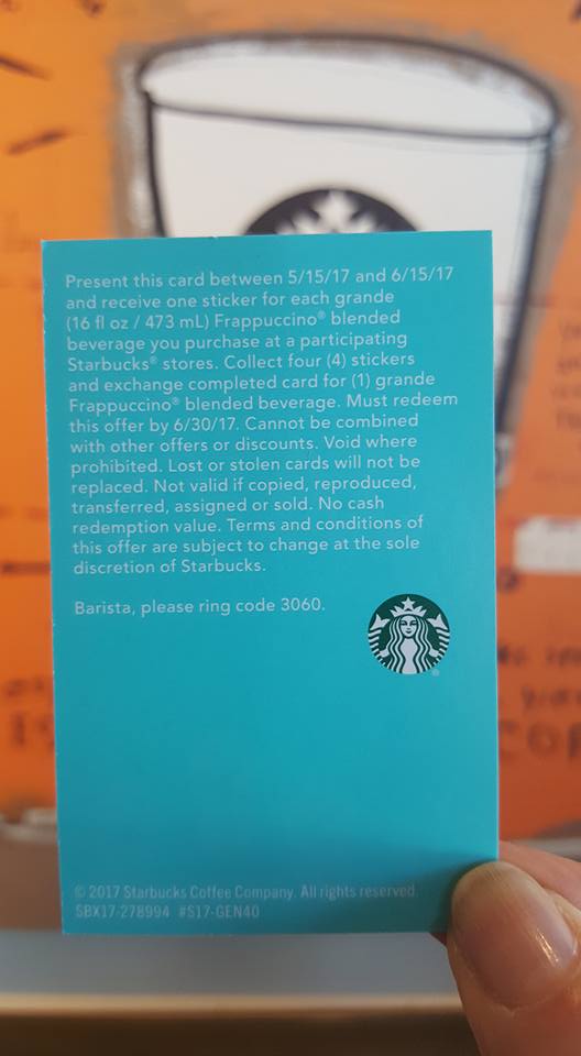 Back of Happy for Days Frappuccino card