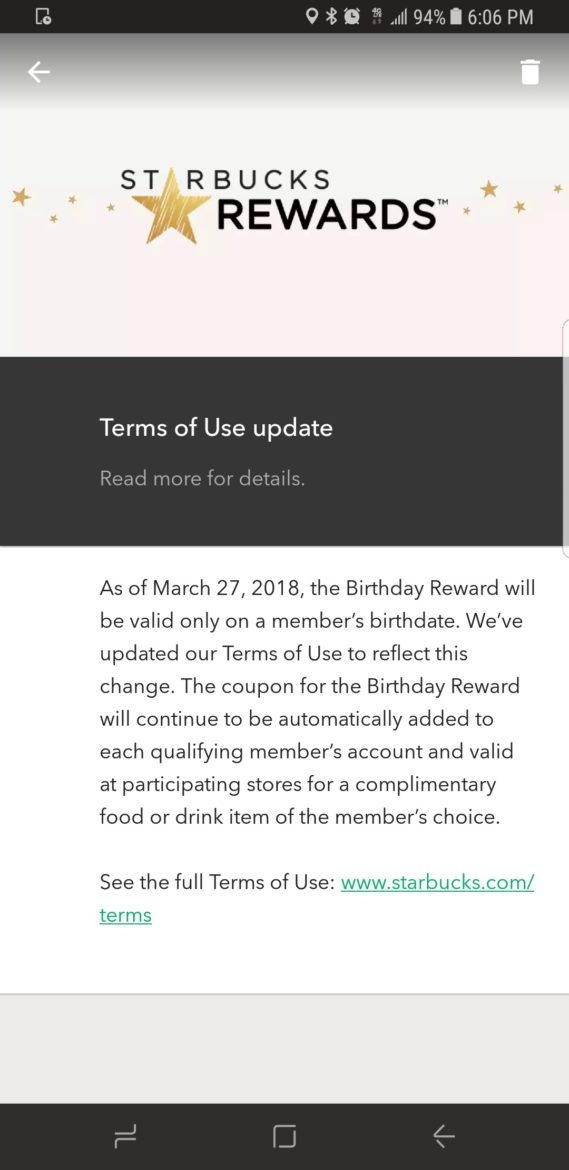 Use your Starbucks birthday reward on your birthday One day only (Used